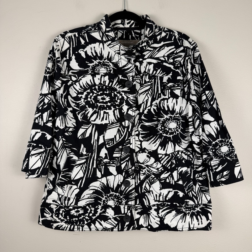 Croft &‎ Barrow Jacket Women's Large Black White Linen Blend Floral Button Front